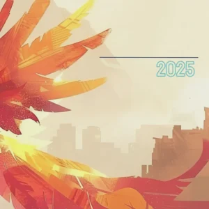 Vibrant feather art with city skyline