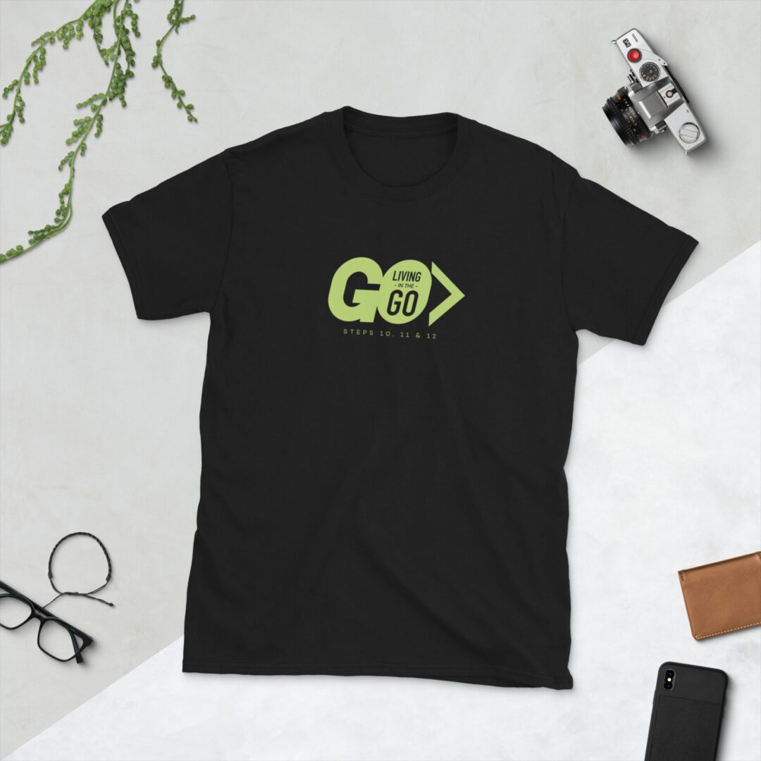 Black t-shirt with green "GO" arrow logo