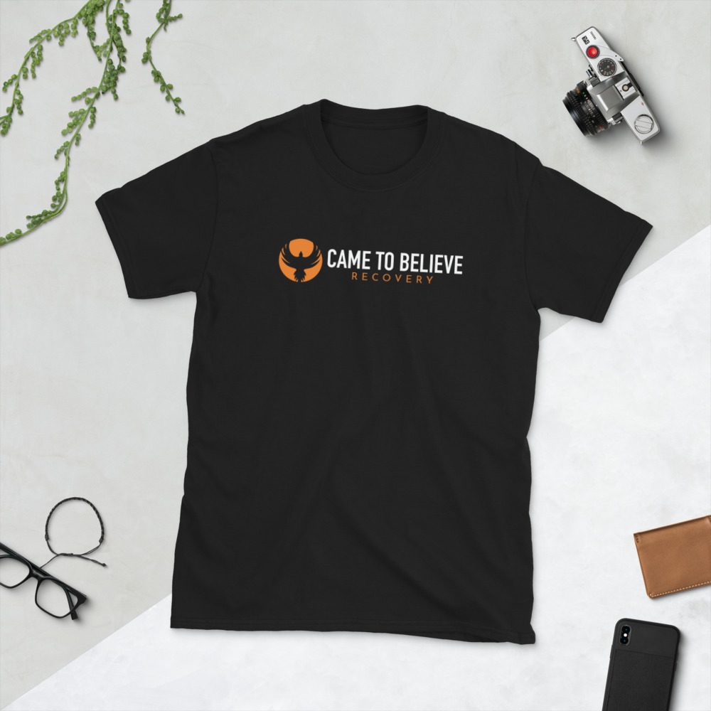 Black t-shirt with "Came to Believe Recovery" logo