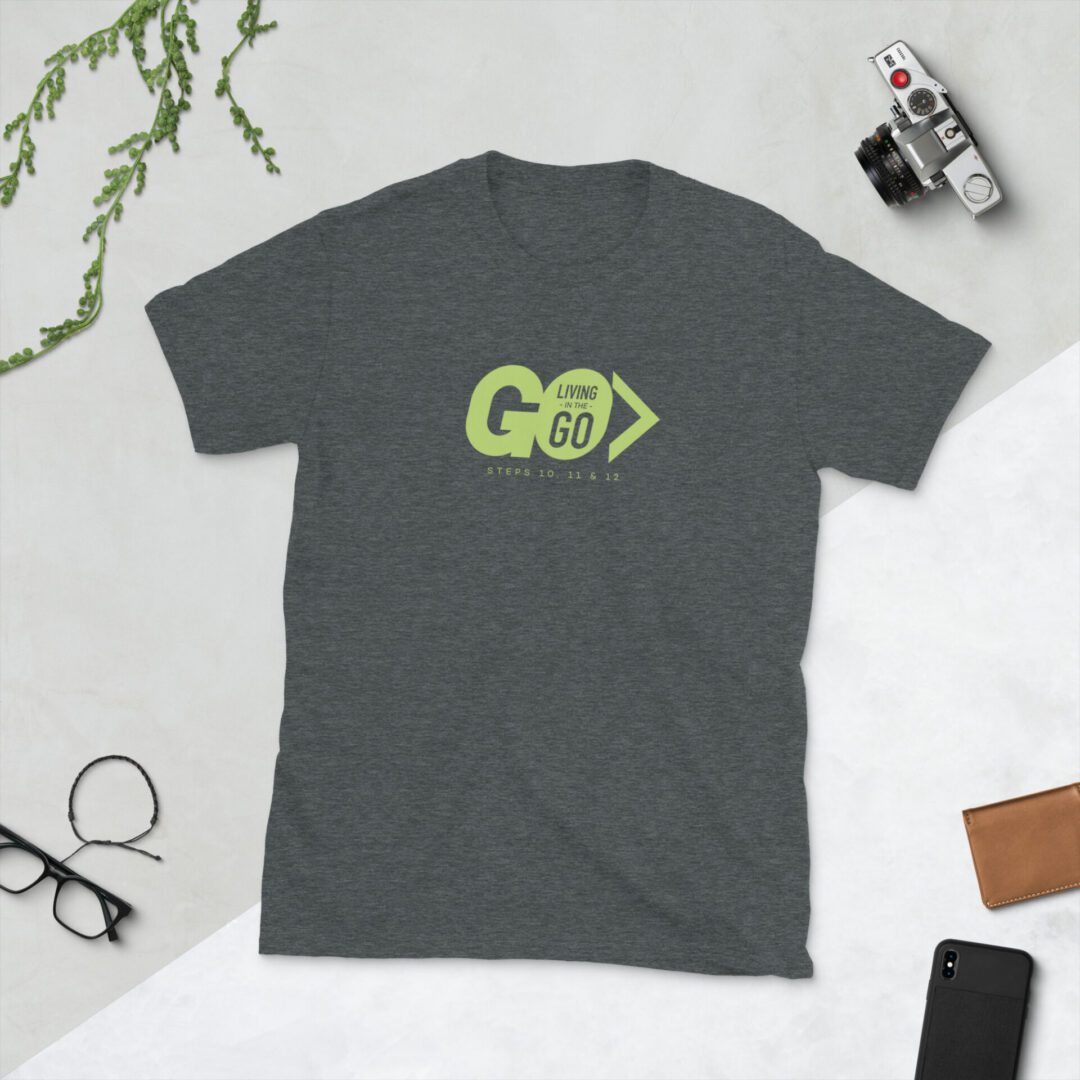Flatlay dark gray t-shirt with green GO logo
