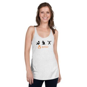 Smiling woman wearing fitness tank top with icons
