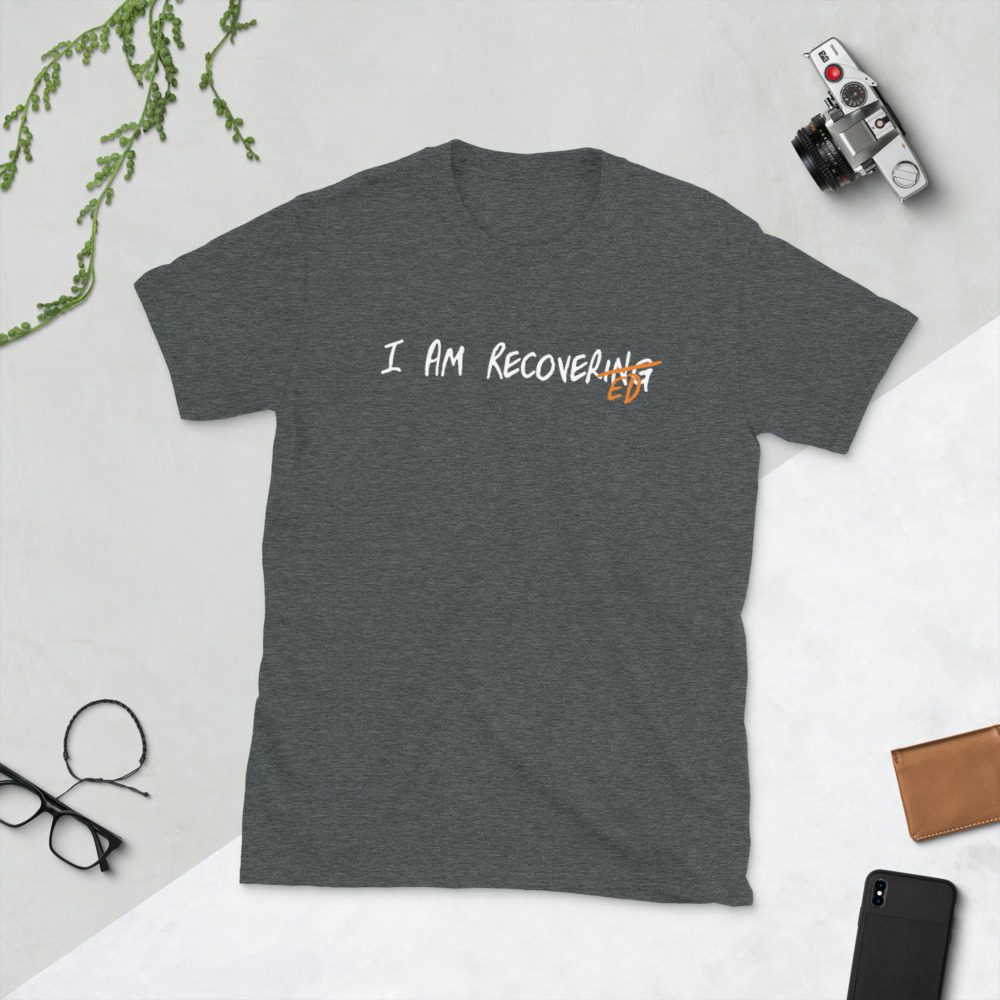 Gray t-shirt reading "I AM RECOVERED