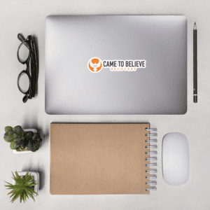 Laptop with "Came To Believe Recovery" sticker