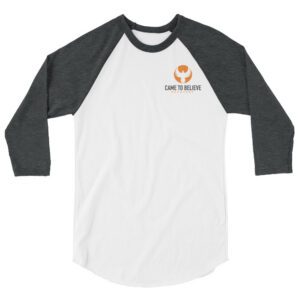 White raglan baseball tee with orange logo