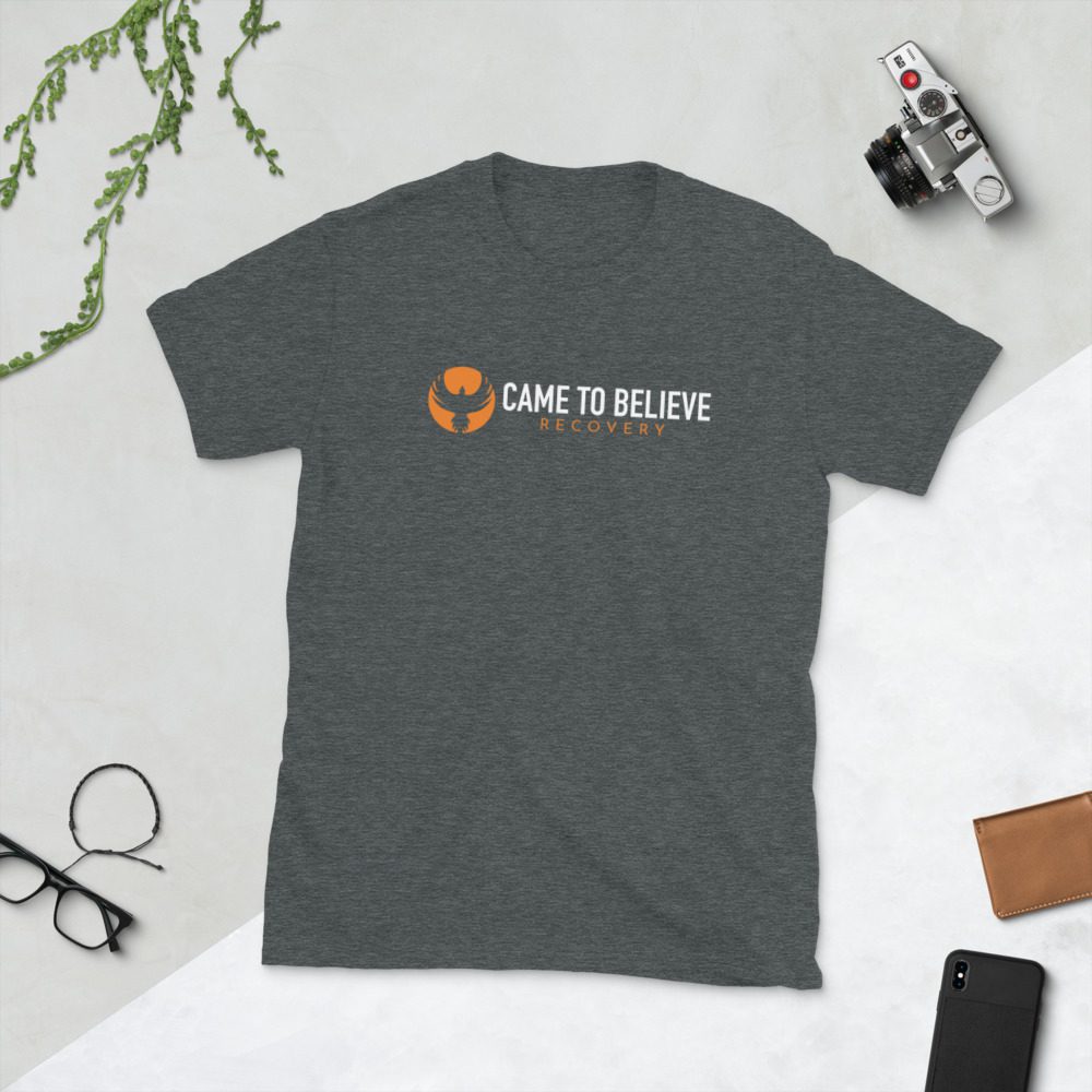 Gray t-shirt with Came to Believe logo