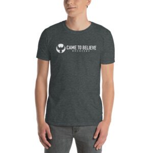 Man wearing "Came to Believe Recovery" t-shirt