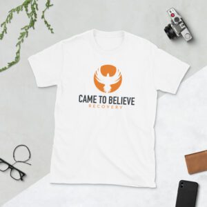 White t-shirt with Came To Believe Recovery logo