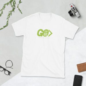White t-shirt with green GO logo