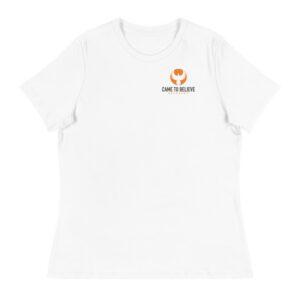 White tee featuring orange Came To Believe logo