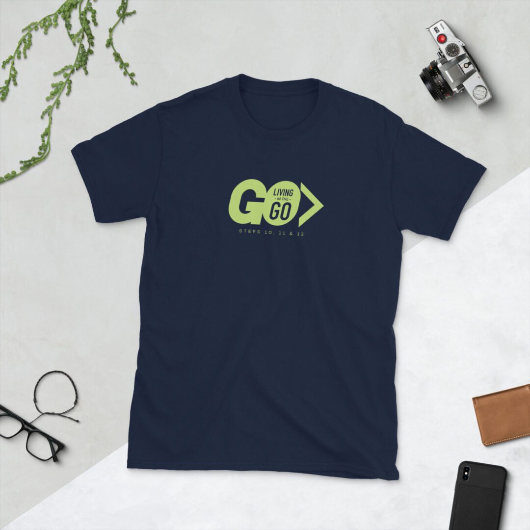 Navy t-shirt with green "Go" logo