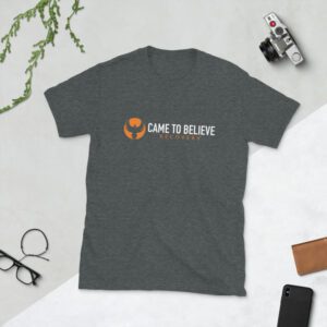 Gray t-shirt with "Came to Believe" logo