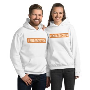 Two people wearing #ENDADDICTION hoodies