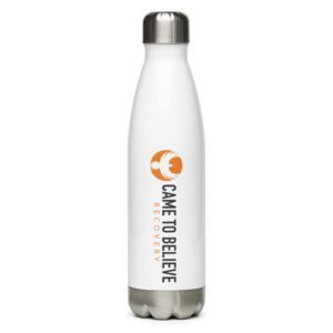 White stainless steel bottle with recovery logo